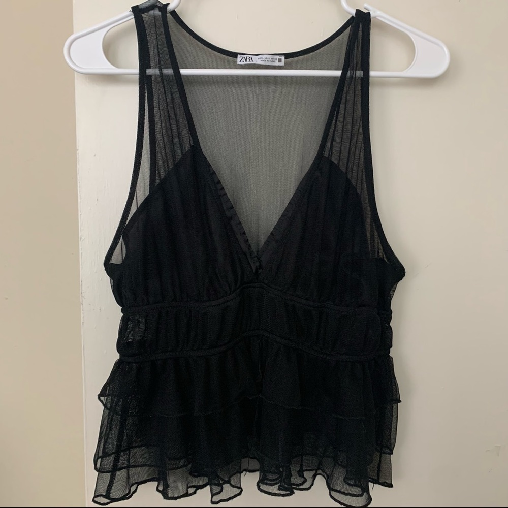 Zara Black Mesh V-Neck Top- Size Large